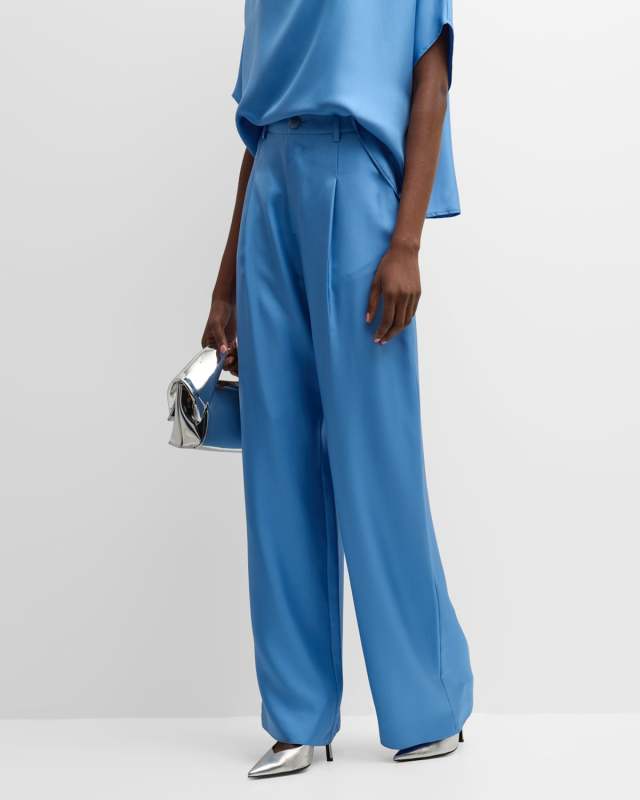 High-Rise Pleated Organic Silky Twill Relaxed Straight-Leg Pants